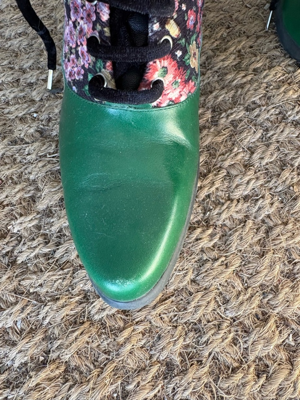 John Fluevog Amrita Lace-Up Mid-Calf Boots in Green and Floral - Picture 10 of 11
